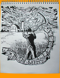 Click here for a close-up view of woodcut style commisssioned artwork.