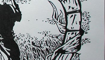 Specially commissioned CD cover art -- black & white woodcut engraving style.
